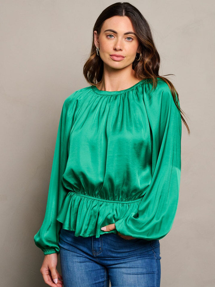 WOMEN'S LONG SLEEVE ELASTIC WAIST PEPLUM RUFFLE BLOUSE TOP