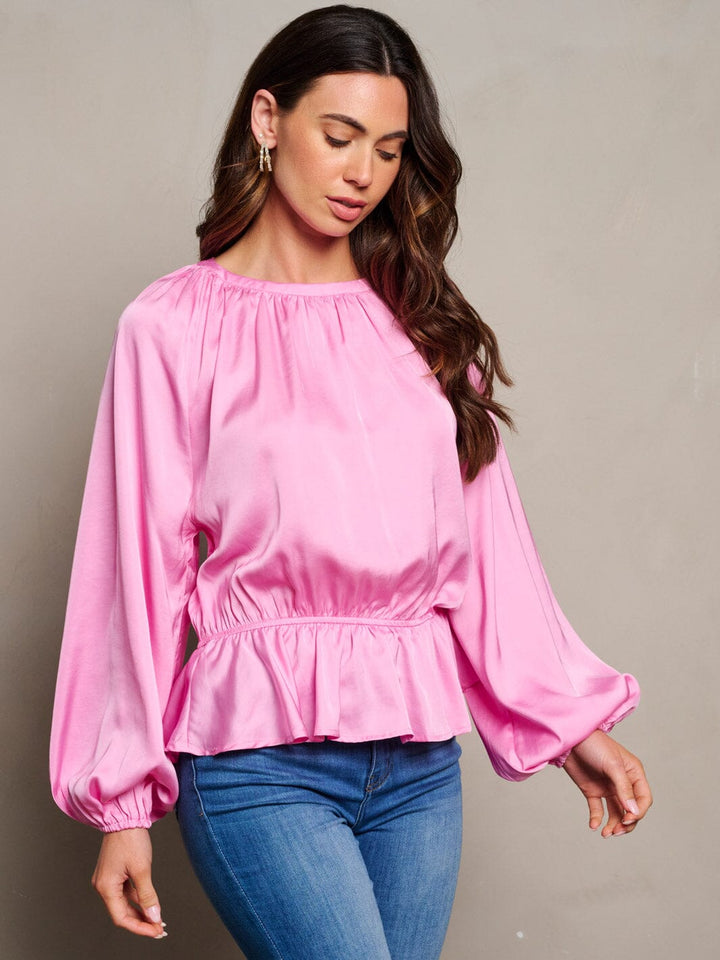 WOMEN'S LONG SLEEVE ELASTIC WAIST PEPLUM RUFFLE BLOUSE TOP