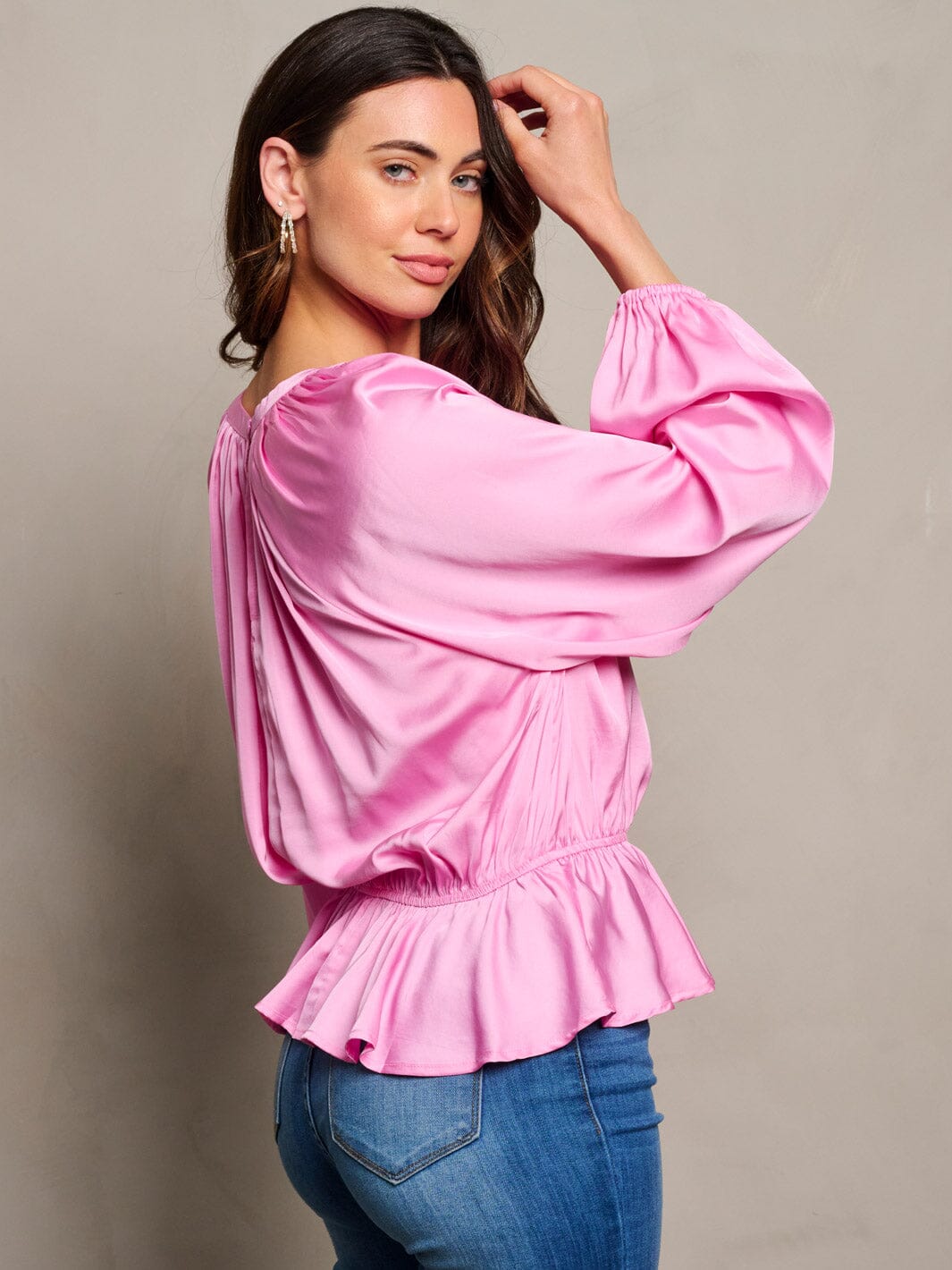 WOMEN'S LONG SLEEVE ELASTIC WAIST PEPLUM RUFFLE BLOUSE TOP