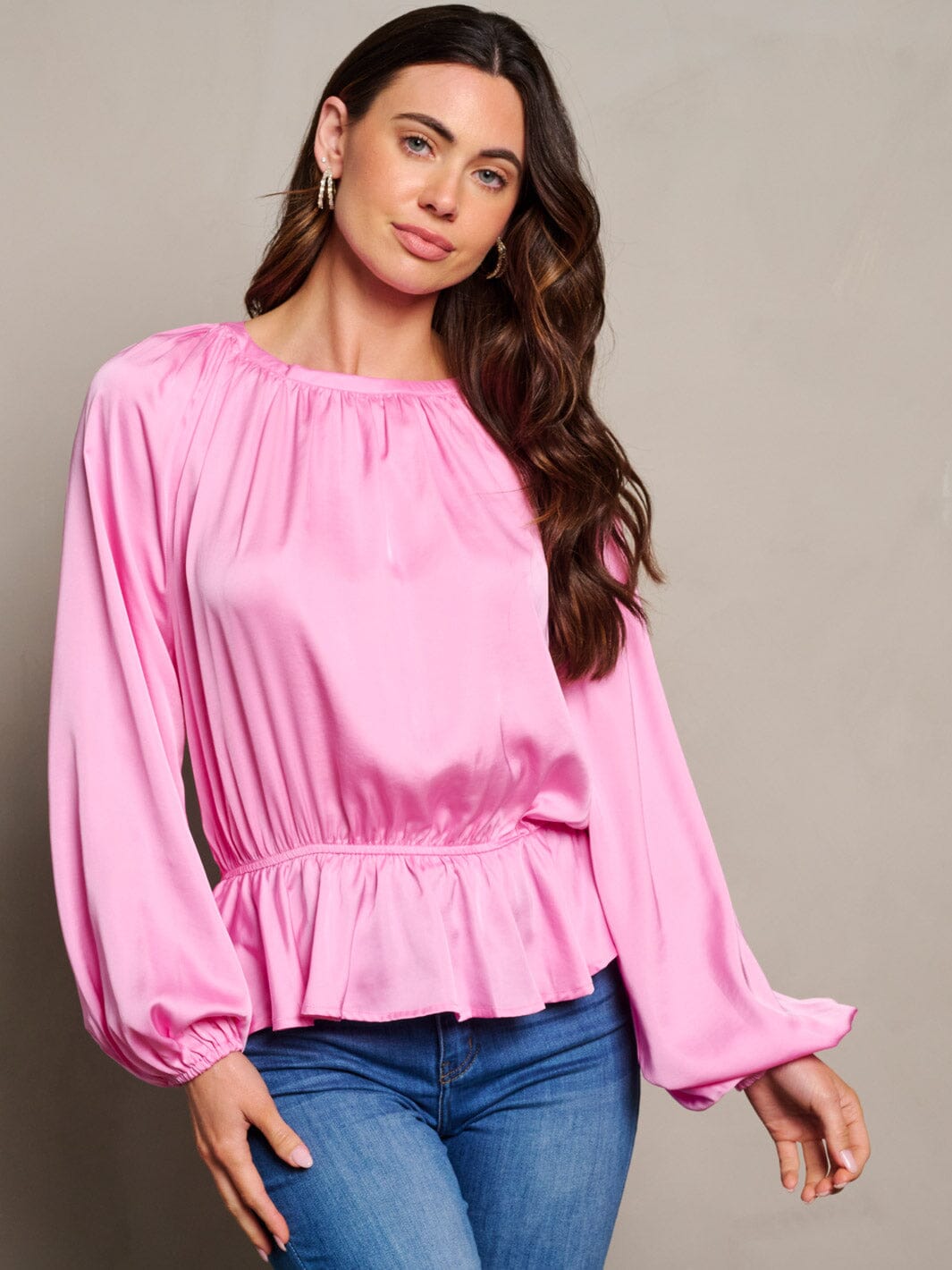 WOMEN'S LONG SLEEVE ELASTIC WAIST PEPLUM RUFFLE BLOUSE TOP