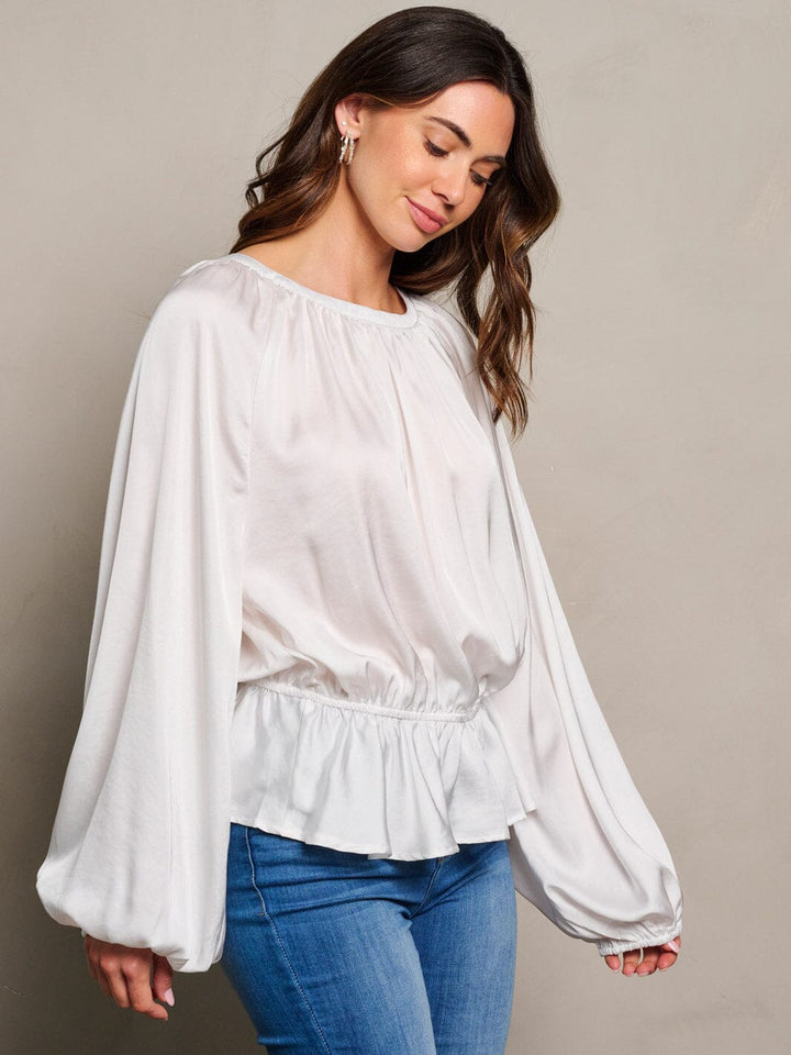 WOMEN'S LONG SLEEVE ELASTIC WAIST PEPLUM RUFFLE BLOUSE TOP