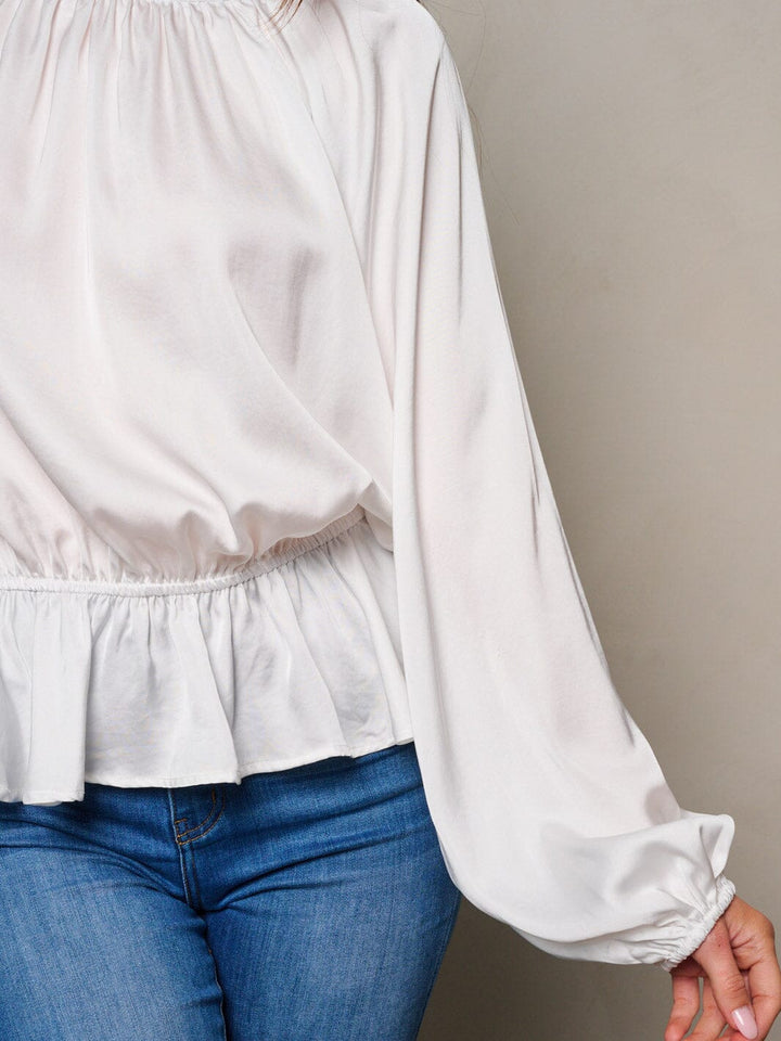 WOMEN'S LONG SLEEVE ELASTIC WAIST PEPLUM RUFFLE BLOUSE TOP