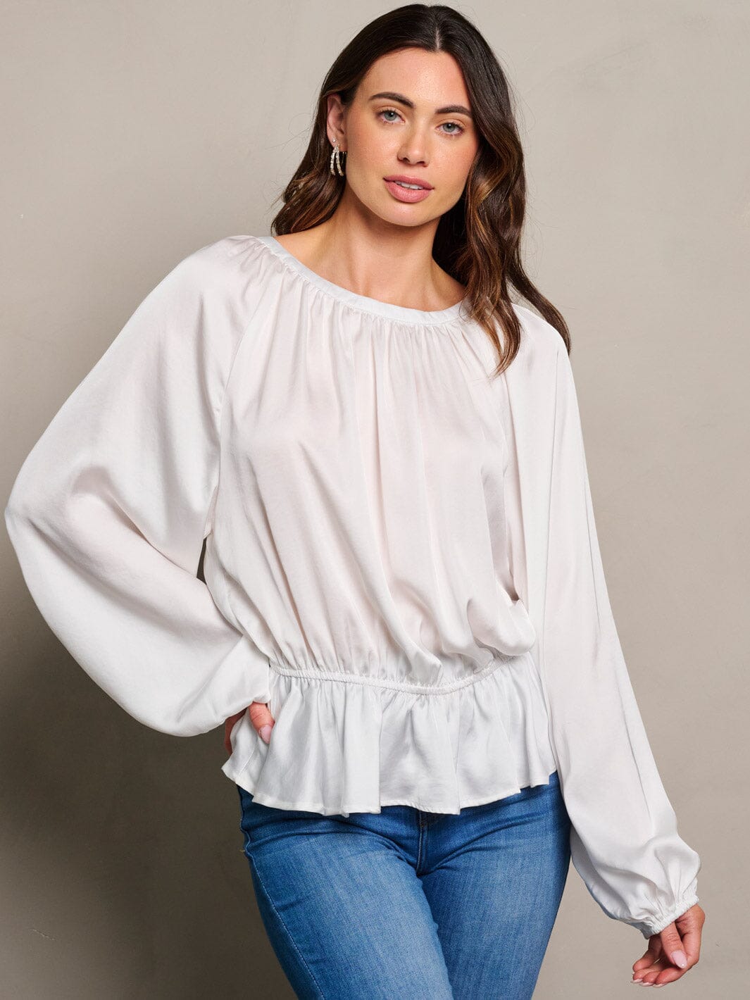 WOMEN'S LONG SLEEVE ELASTIC WAIST PEPLUM RUFFLE BLOUSE TOP