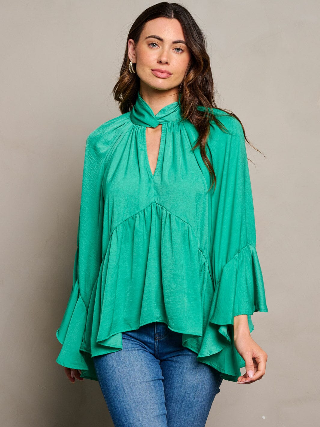 WOMEN'S LONG SLEEVE V-NECK RUFFLE BLOUSE TOP
