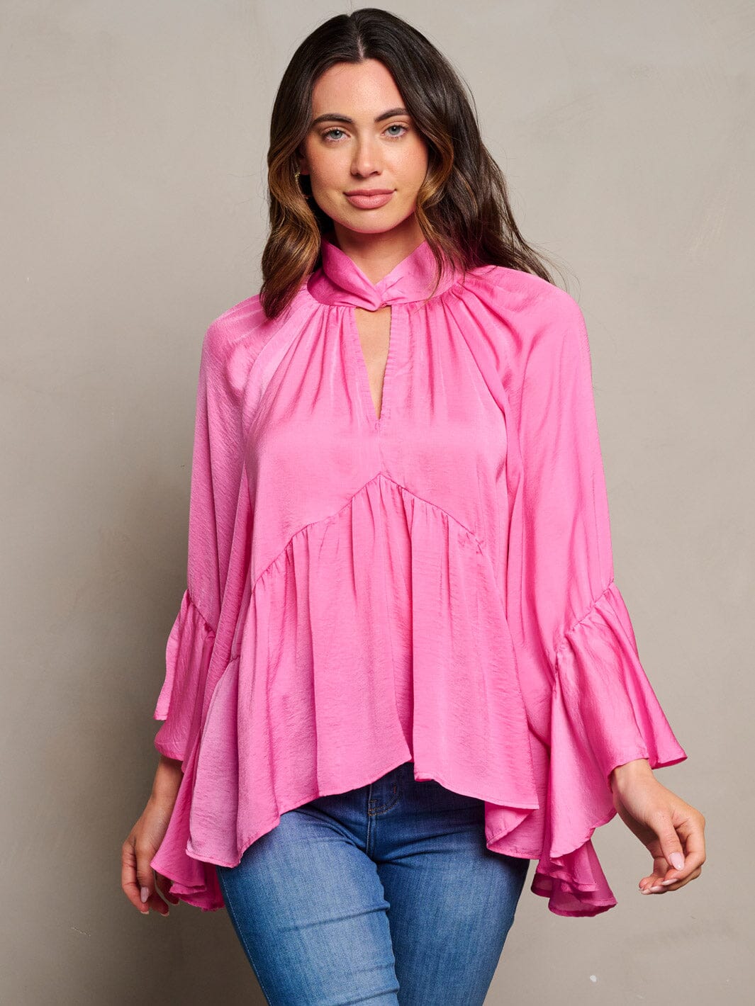 WOMEN'S LONG SLEEVE V-NECK RUFFLE BLOUSE TOP