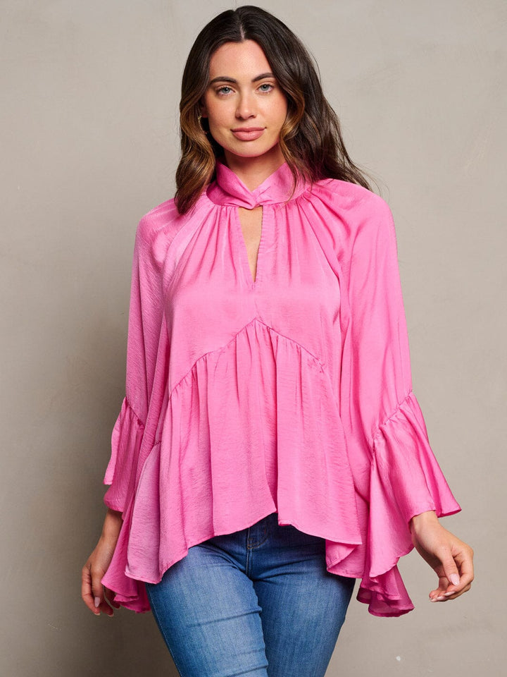 WOMEN'S LONG SLEEVE V-NECK RUFFLE BLOUSE TOP