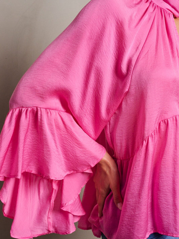 WOMEN'S LONG SLEEVE V-NECK RUFFLE BLOUSE TOP