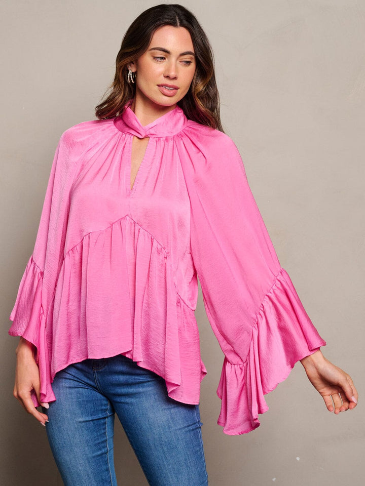 WOMEN'S LONG SLEEVE V-NECK RUFFLE BLOUSE TOP