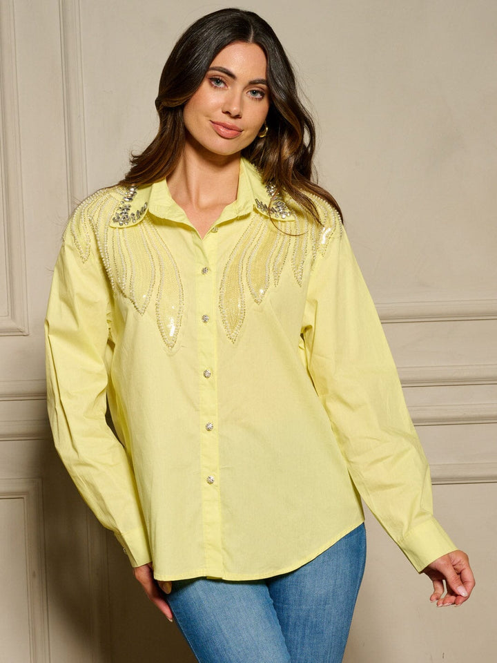 WOMEN'S LONG SLEEVE BUTTON UP STUDS DETAILED OVERSIZE TOP