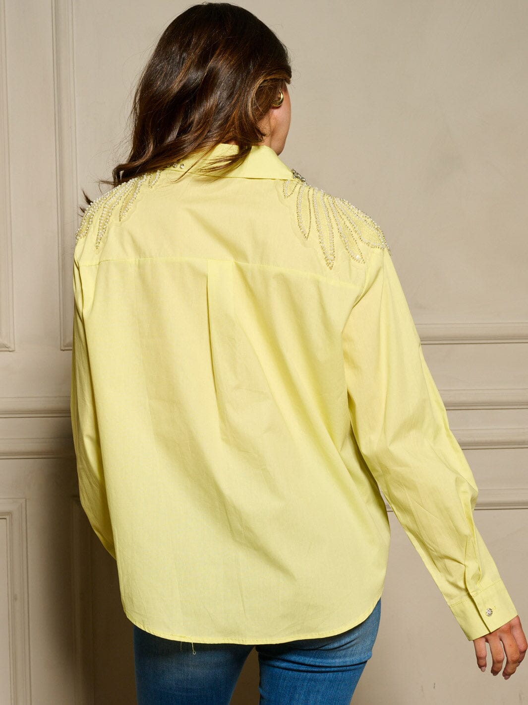 WOMEN'S LONG SLEEVE BUTTON UP STUDS DETAILED OVERSIZE TOP