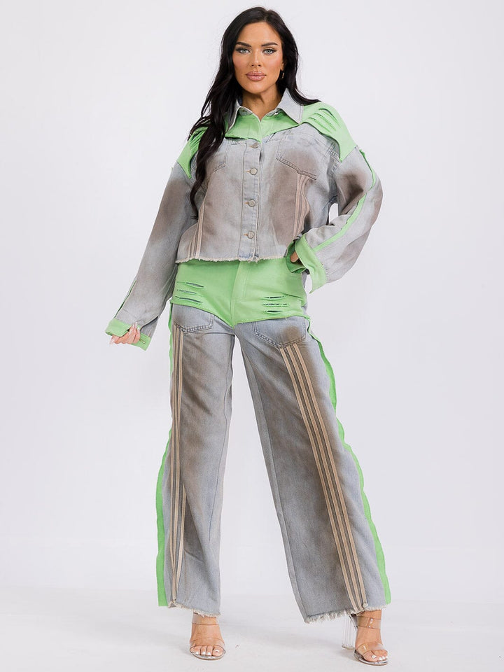 WOMEN'S LONG SLEEVE BUTTON UP COLORBLOCK DENIM JACKET