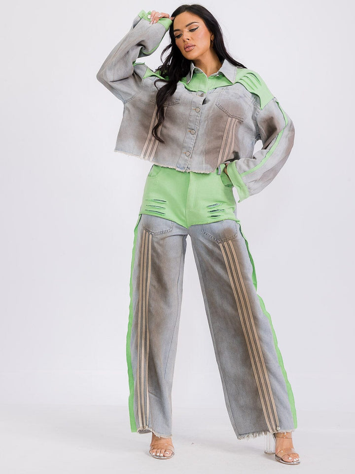 WOMEN'S LONG SLEEVE BUTTON UP COLORBLOCK DENIM JACKET