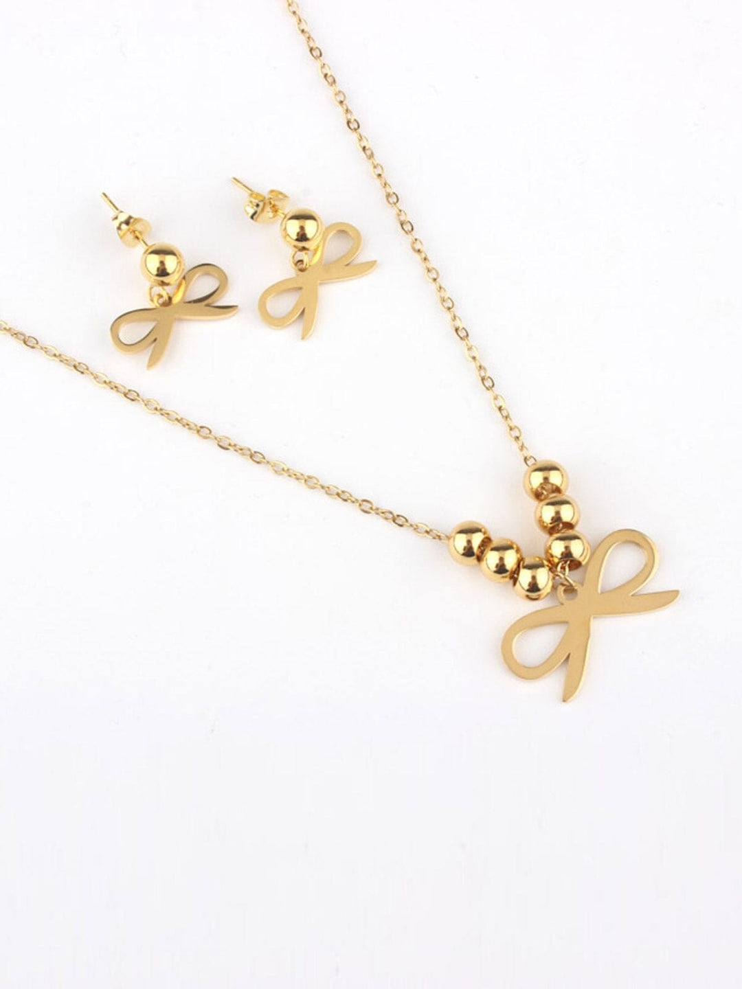 WOMEN'S STAINLESS STEEL GOLD BOW EARRINGS & NECKLACE SET