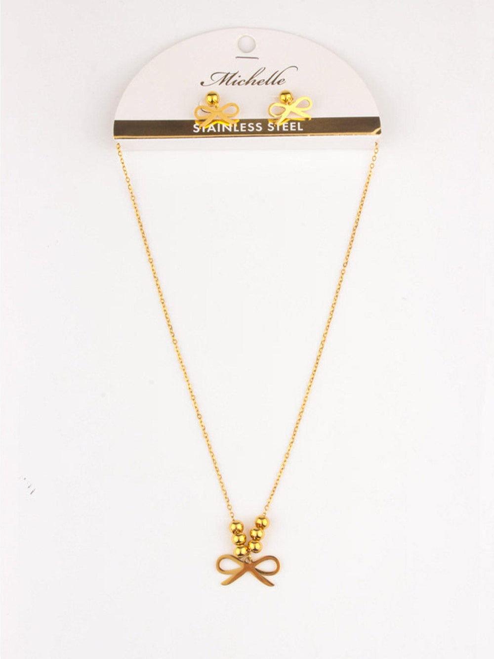 WOMEN'S STAINLESS STEEL GOLD BOW EARRINGS & NECKLACE SET