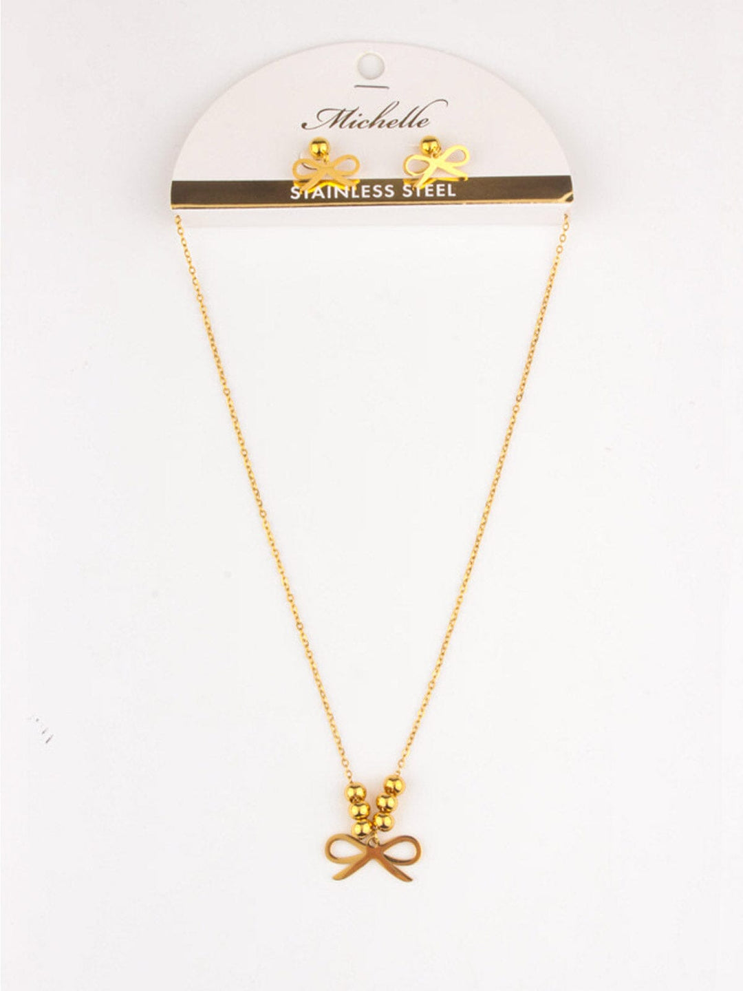 WOMEN'S STAINLESS STEEL GOLD BOW EARRINGS & NECKLACE SET