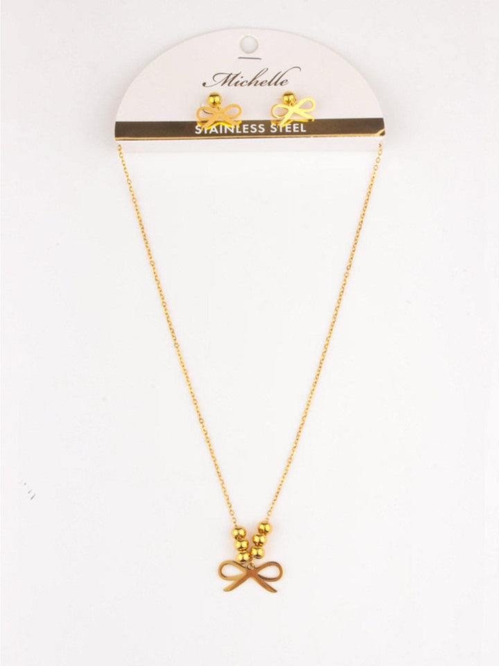 WOMEN'S STAINLESS STEEL GOLD BOW EARRINGS & NECKLACE SET