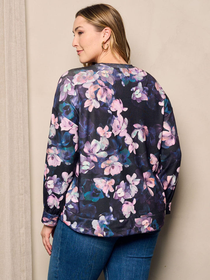 PLUS SIZE LONG SLEEVE FLORAL PRINT TOP