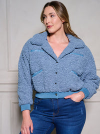 PLUS SIZE LONG SLEEVE BUTTON UP POCKETS SHERPA JACKET