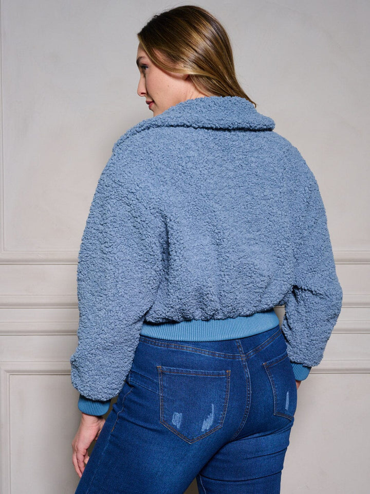 PLUS SIZE LONG SLEEVE BUTTON UP POCKETS SHERPA JACKET