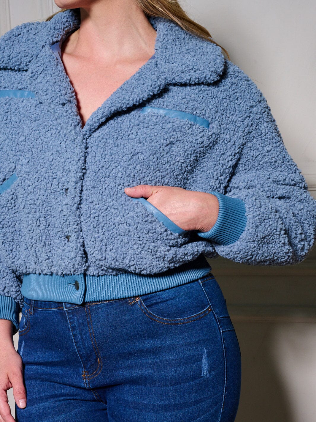 PLUS SIZE LONG SLEEVE BUTTON UP POCKETS SHERPA JACKET