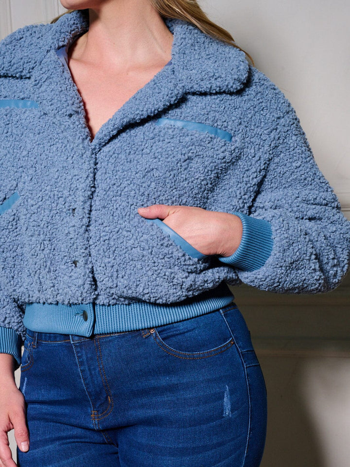 PLUS SIZE LONG SLEEVE BUTTON UP POCKETS SHERPA JACKET