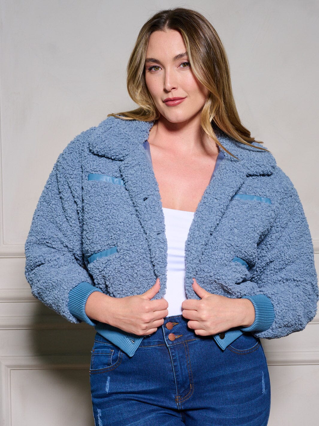 PLUS SIZE LONG SLEEVE BUTTON UP POCKETS SHERPA JACKET