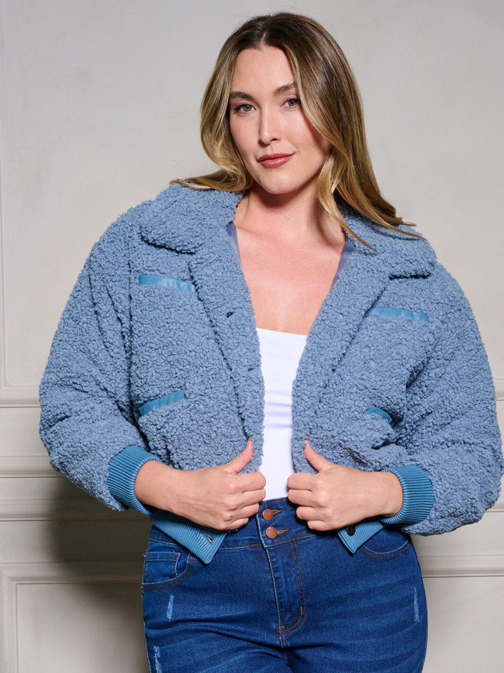 PLUS SIZE LONG SLEEVE BUTTON UP POCKETS SHERPA JACKET