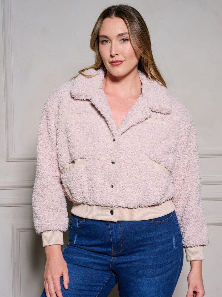 PLUS SIZE LONG SLEEVE BUTTON UP POCKETS SHERPA JACKET