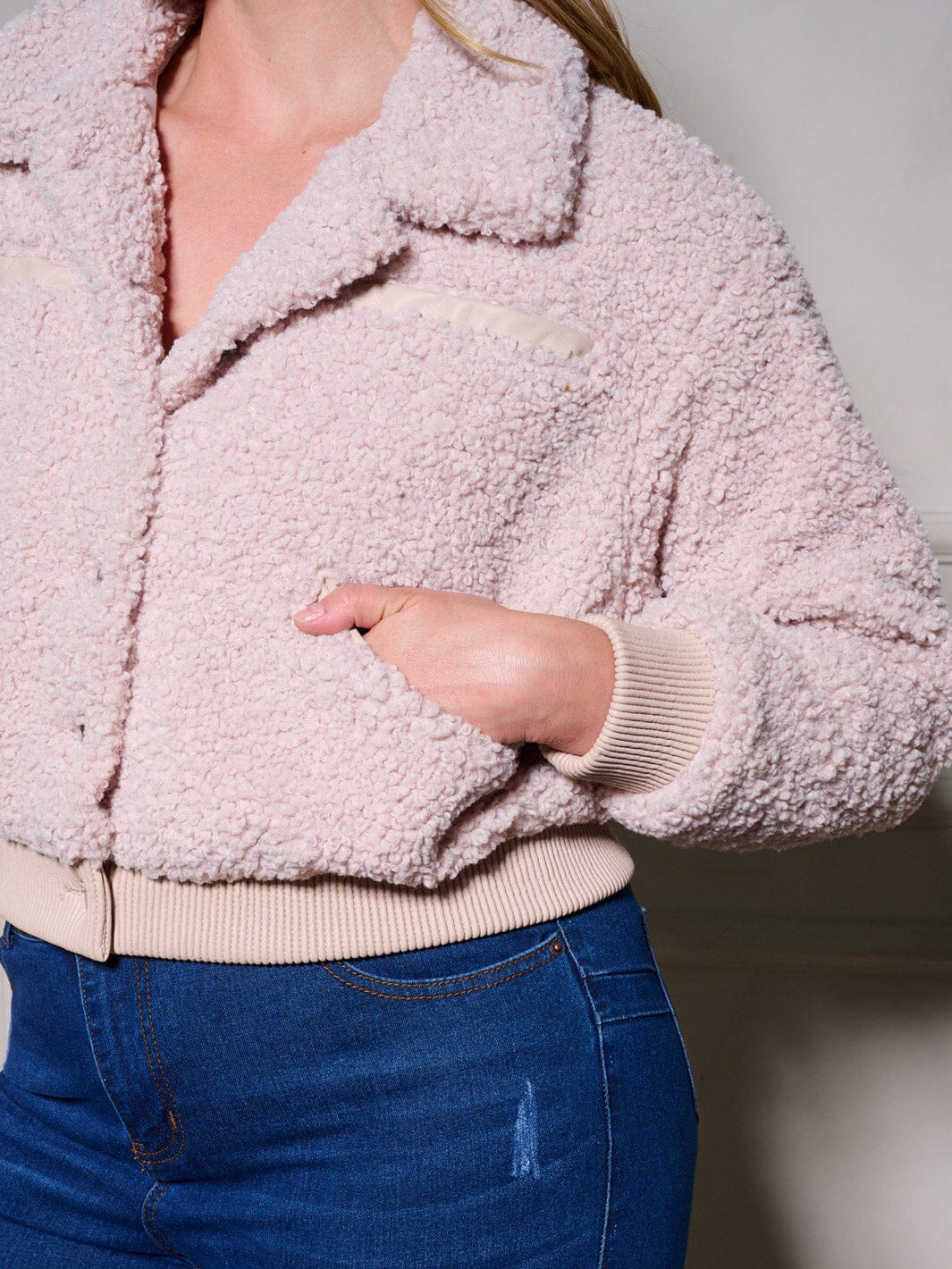 PLUS SIZE LONG SLEEVE BUTTON UP POCKETS SHERPA JACKET