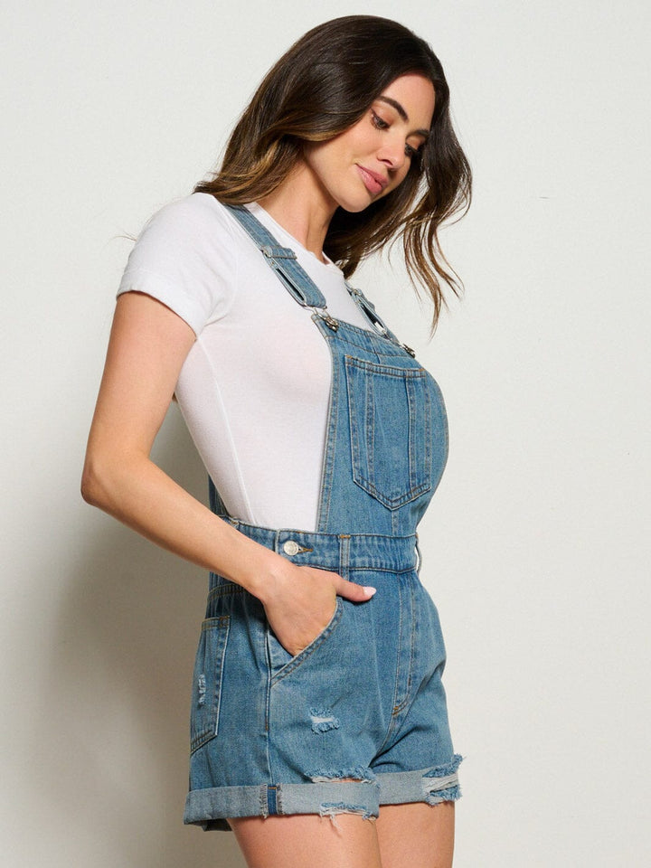WOMEN'S BUTTON CLOSURE POCKETS DISTRESS DENIM OVERALL