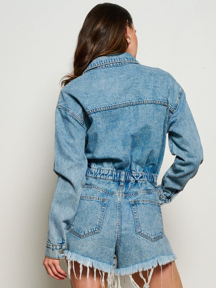 WOMEN'S LONG SLEEVE BUTTON UP POCKETS DISTRESS DENIM ROMPER