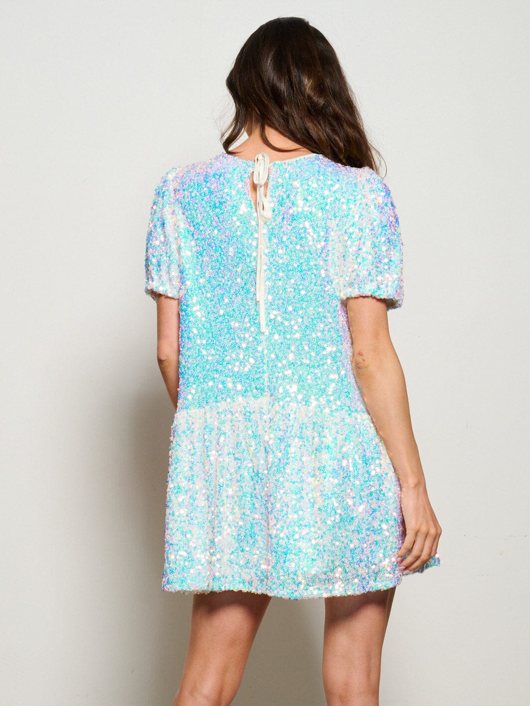 WOMEN'S SHORT PUFF SLEEVE TIERED SEQUINS MINI DRESS