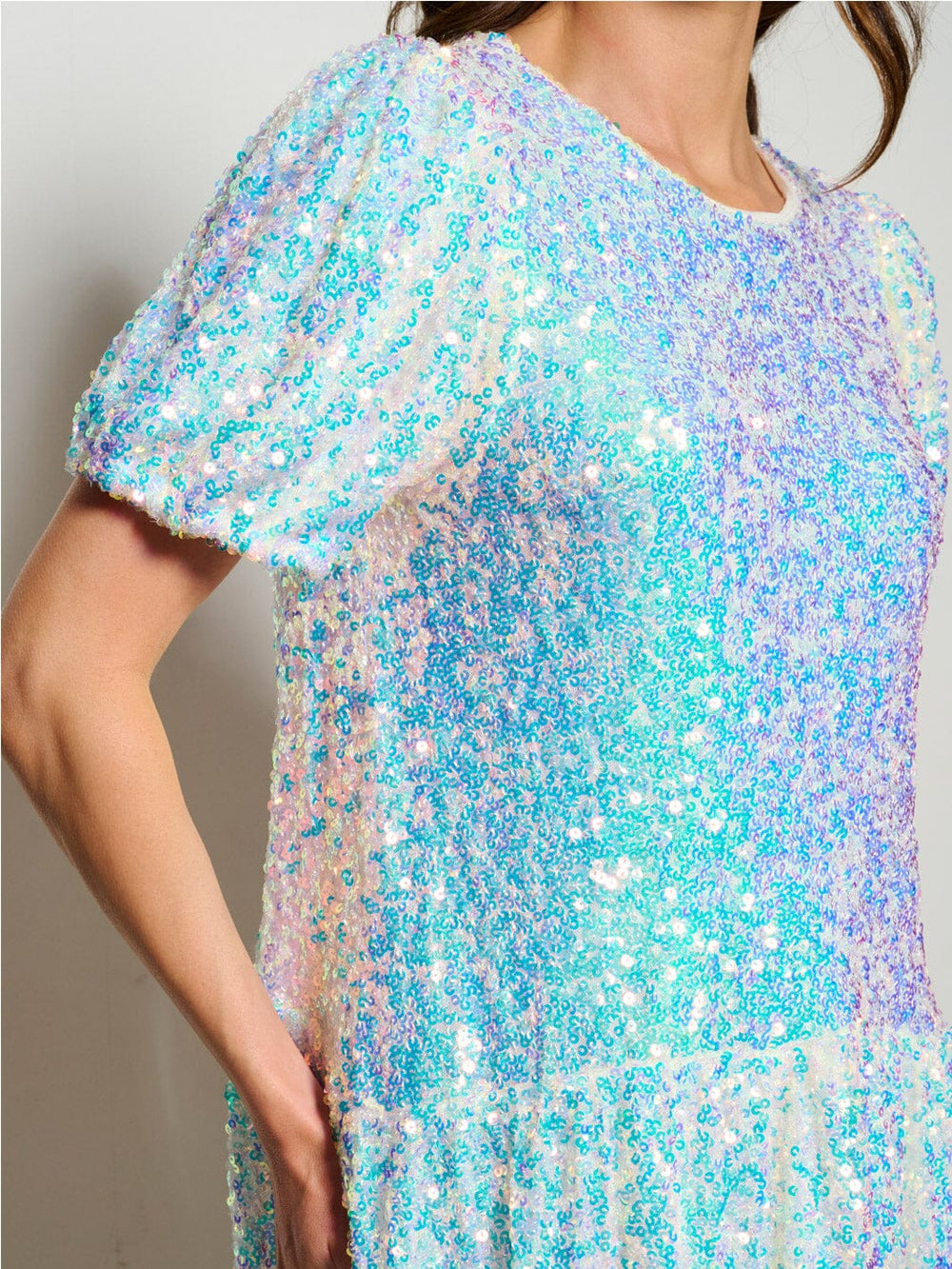 WOMEN'S SHORT PUFF SLEEVE TIERED SEQUINS MINI DRESS