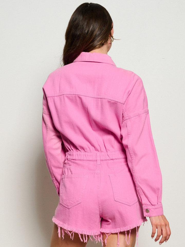 WOMEN'S LONG SLEEVE BUTTON UP POCKETS DISTRESS DENIM ROMPER