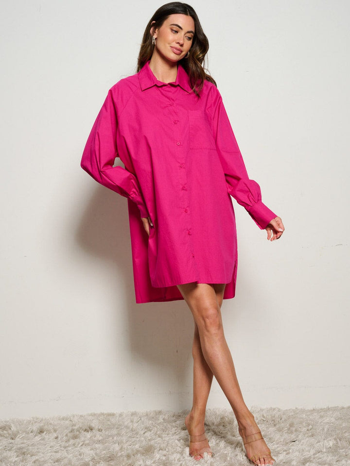 WOMEN'S LONG SLEEVE BUTTON UP FRONT POCKET TUNIC MINI DRESS