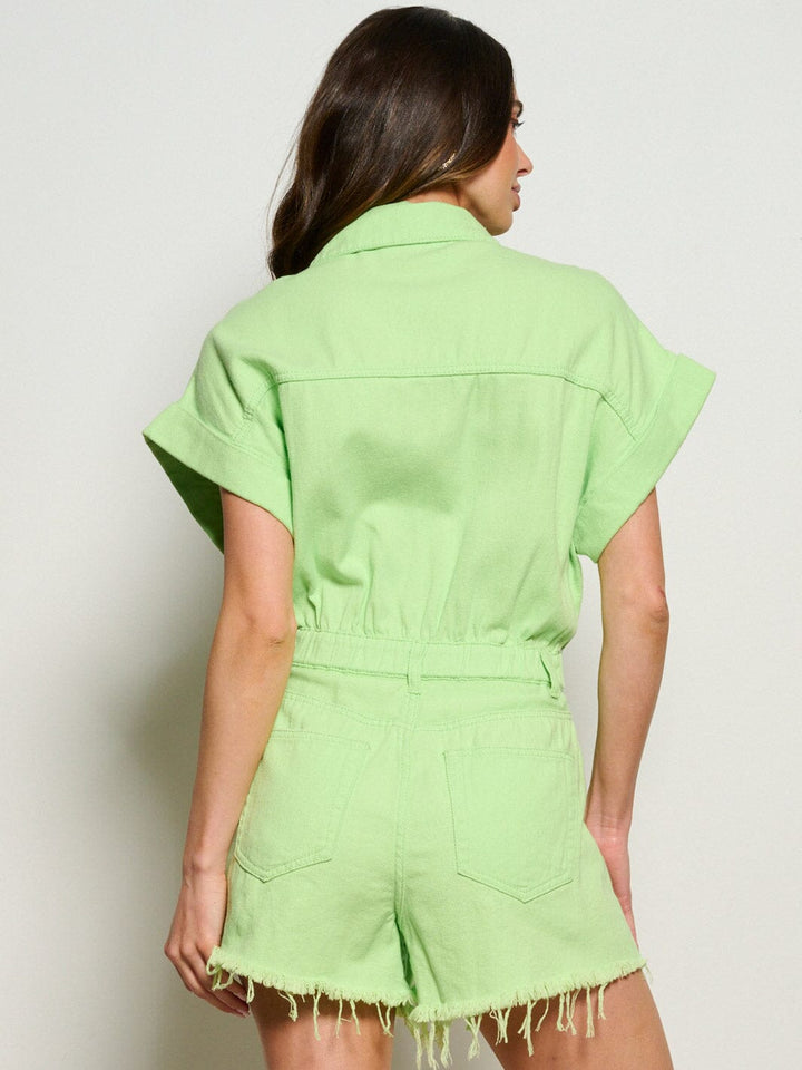 WOMEN'S SHORT SLEEVE BUTTON UP POCKETS DISTRESS DENIM ROMPER