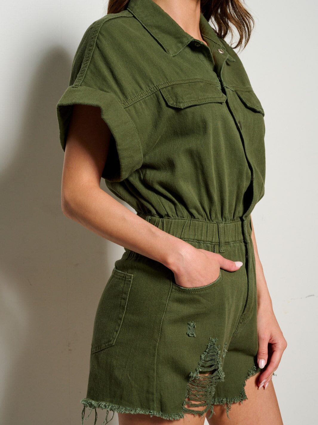 WOMEN'S SHORT SLEEVE BUTTON UP POCKETS DISTRESS DENIM ROMPER