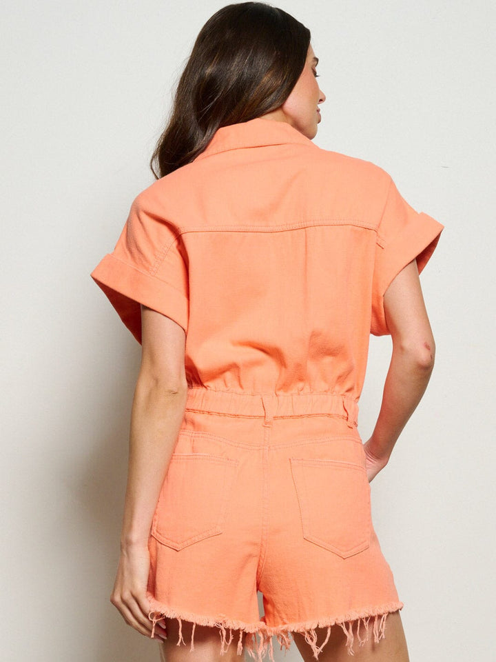 WOMEN'S SHORT SLEEVE BUTTON UP POCKETS DISTRESS DENIM ROMPER