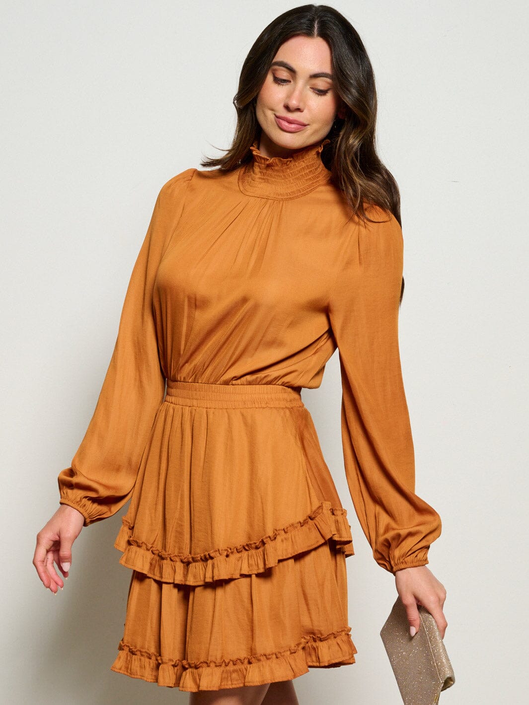 WOMEN'S LONG SLEEVE TURTLE NECK SMOCK WAIST RUFFLE MINI DRESS