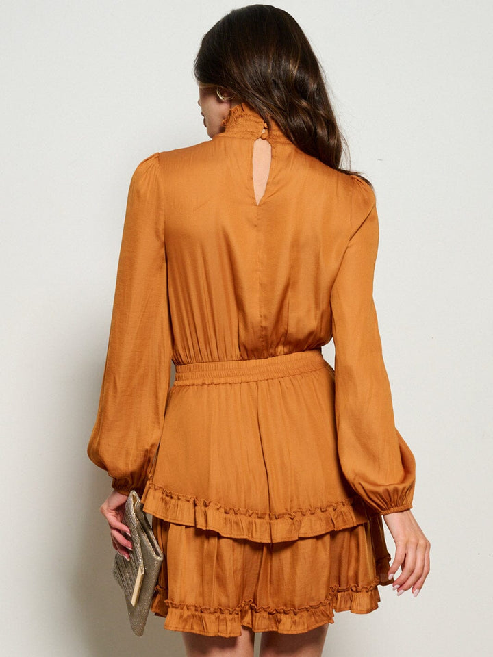 WOMEN'S LONG SLEEVE TURTLE NECK SMOCK WAIST RUFFLE MINI DRESS