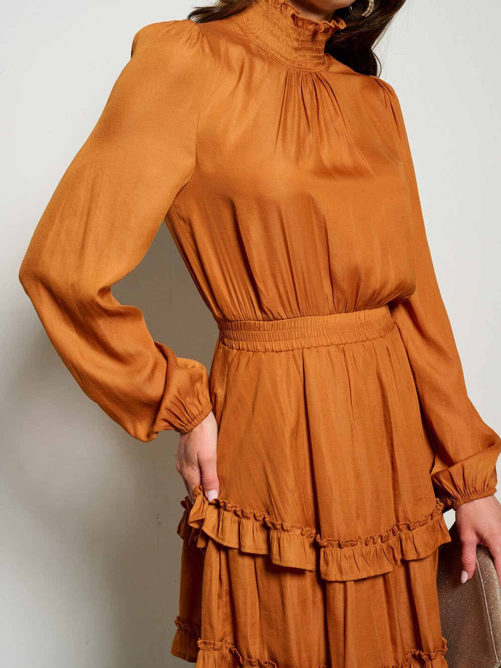 WOMEN'S LONG SLEEVE TURTLE NECK SMOCK WAIST RUFFLE MINI DRESS