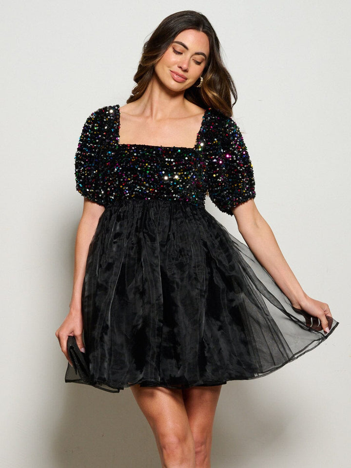 WOMEN'S SHORT PUFF SLEEVE SQUARE NECK FIT & FLARE SEQUINS MINI DRESS