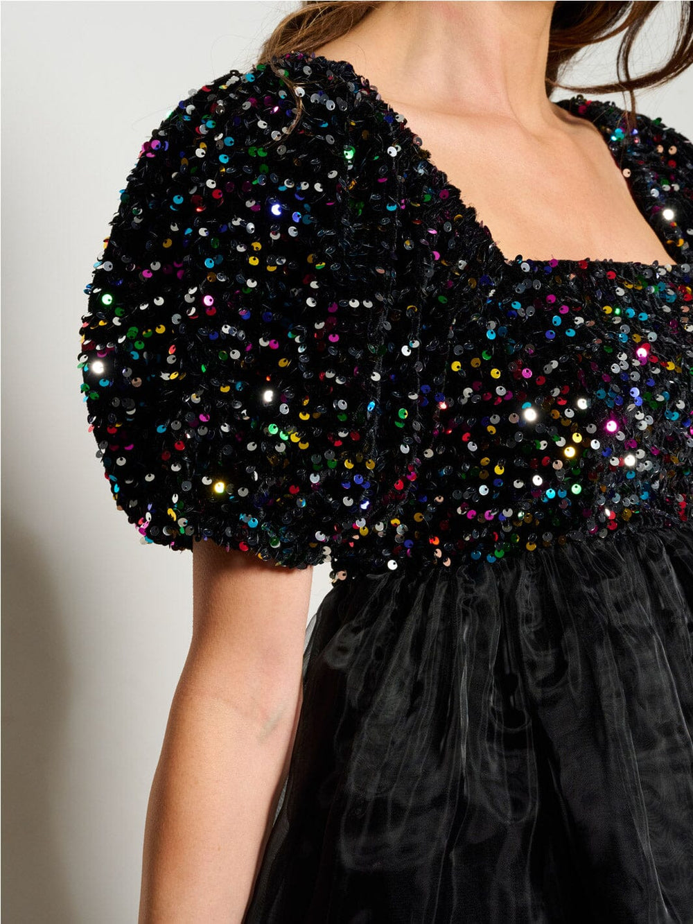 WOMEN'S SHORT PUFF SLEEVE SQUARE NECK FIT & FLARE SEQUINS MINI DRESS