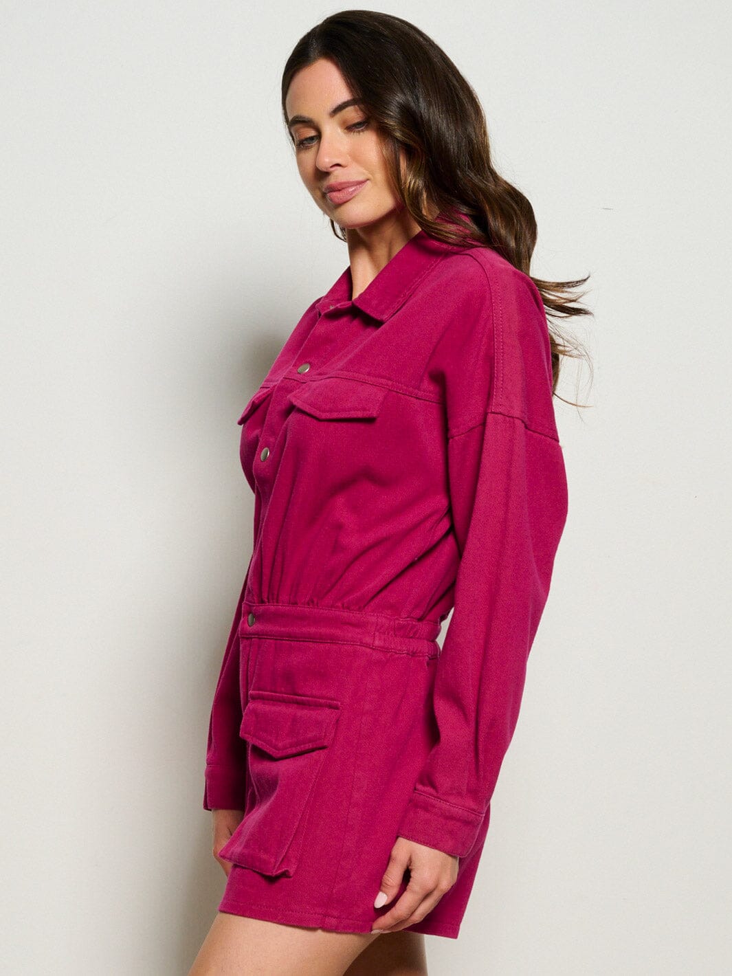 WOMEN'S LONG SLEEVE BUTTON UP POCKETS DISTRESS DENIM ROMPER