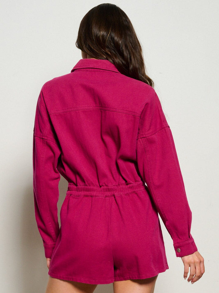 WOMEN'S LONG SLEEVE BUTTON UP POCKETS DISTRESS DENIM ROMPER