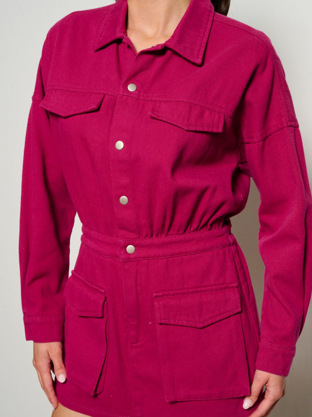 WOMEN'S LONG SLEEVE BUTTON UP POCKETS DISTRESS DENIM ROMPER