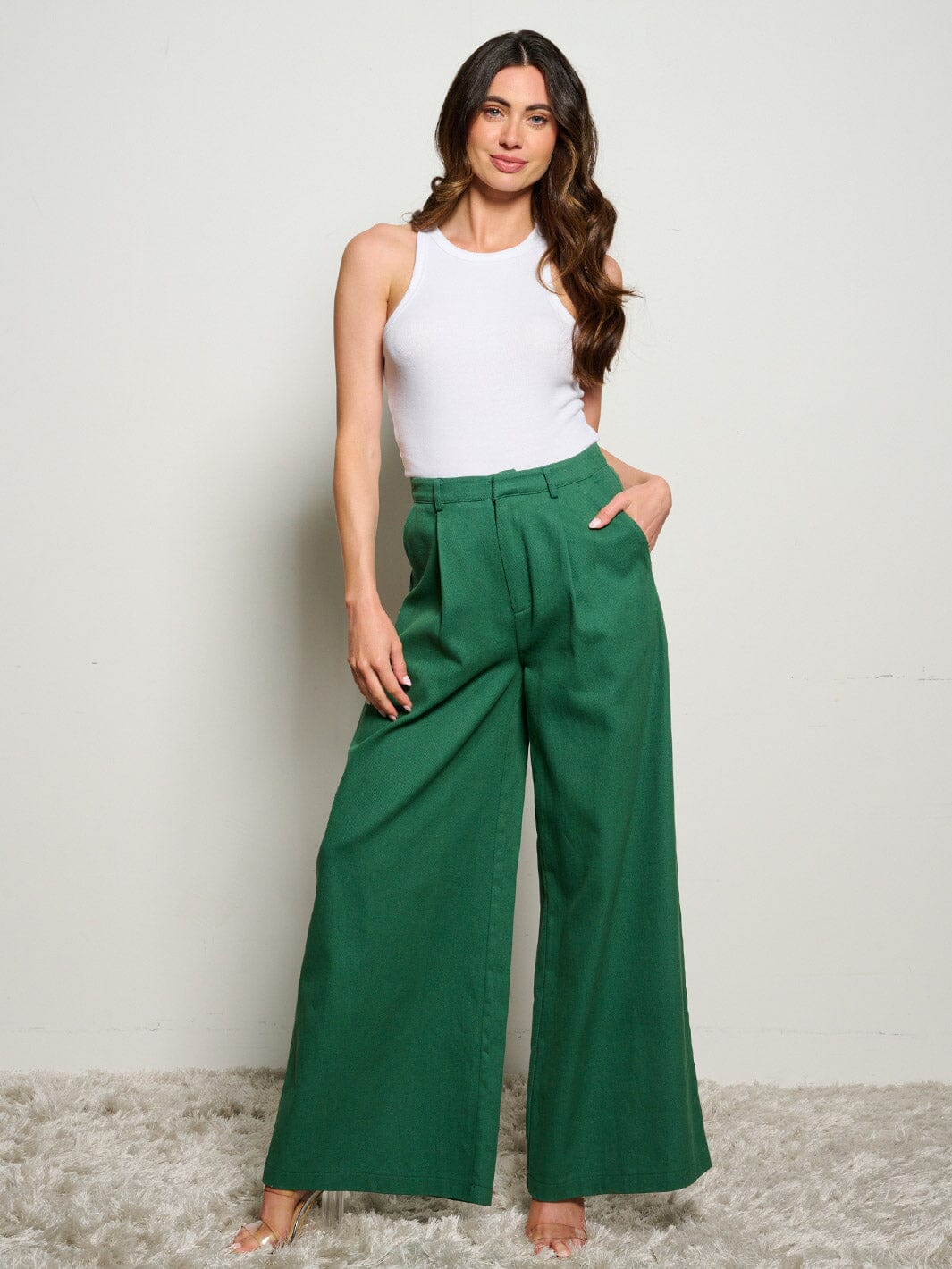 WOMEN'S BUTTON CLOSURE POCKETS WIDE LEG DENIM PANTS