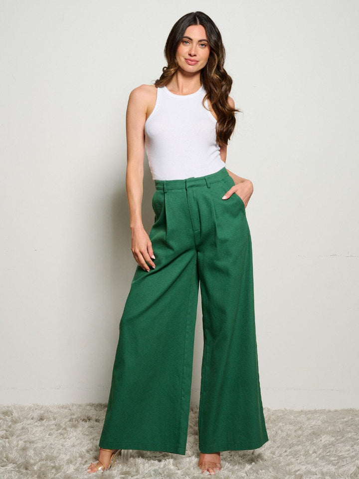 WOMEN'S BUTTON CLOSURE POCKETS WIDE LEG DENIM PANTS