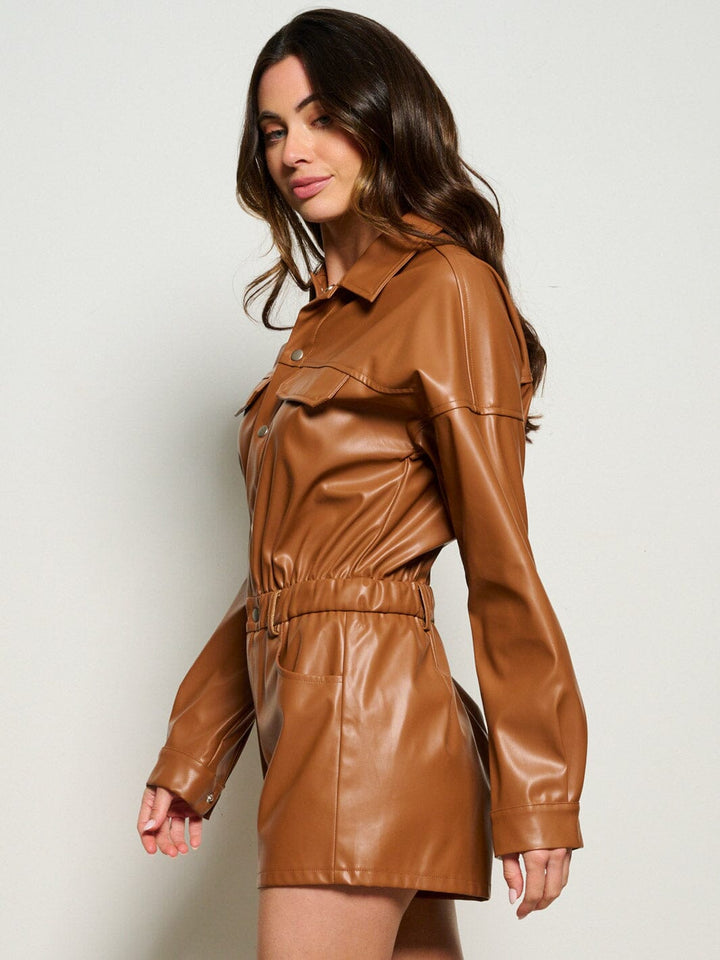 WOMEN'S LONG SLEEVE BUTTON UP POCKETS PU PLEATHER ROMPER