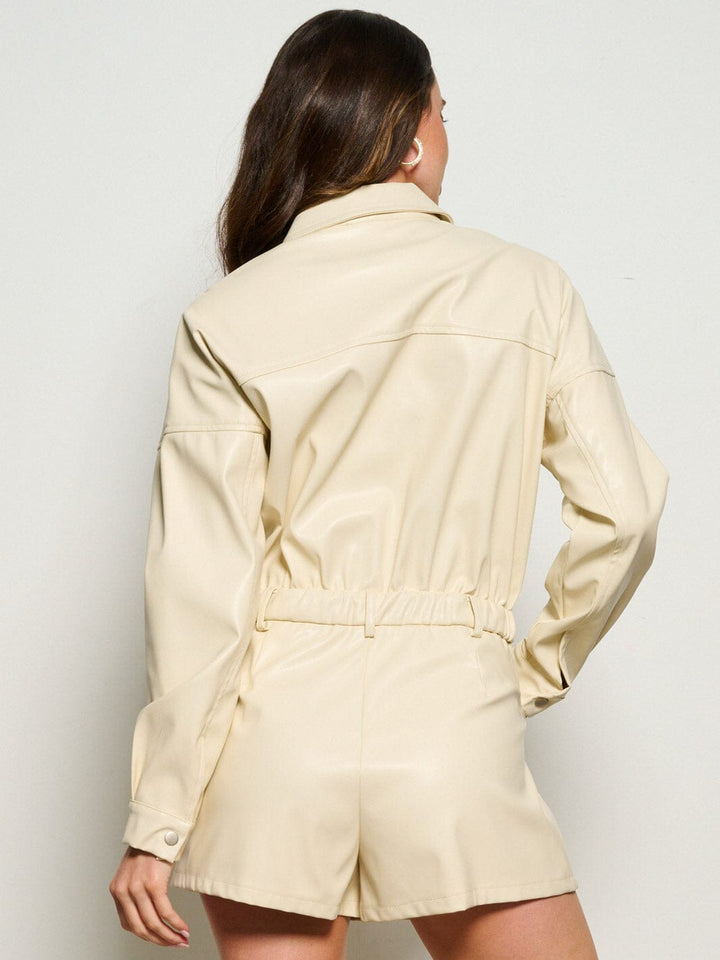 WOMEN'S LONG SLEEVE BUTTON UP POCKETS PU PLEATHER ROMPER